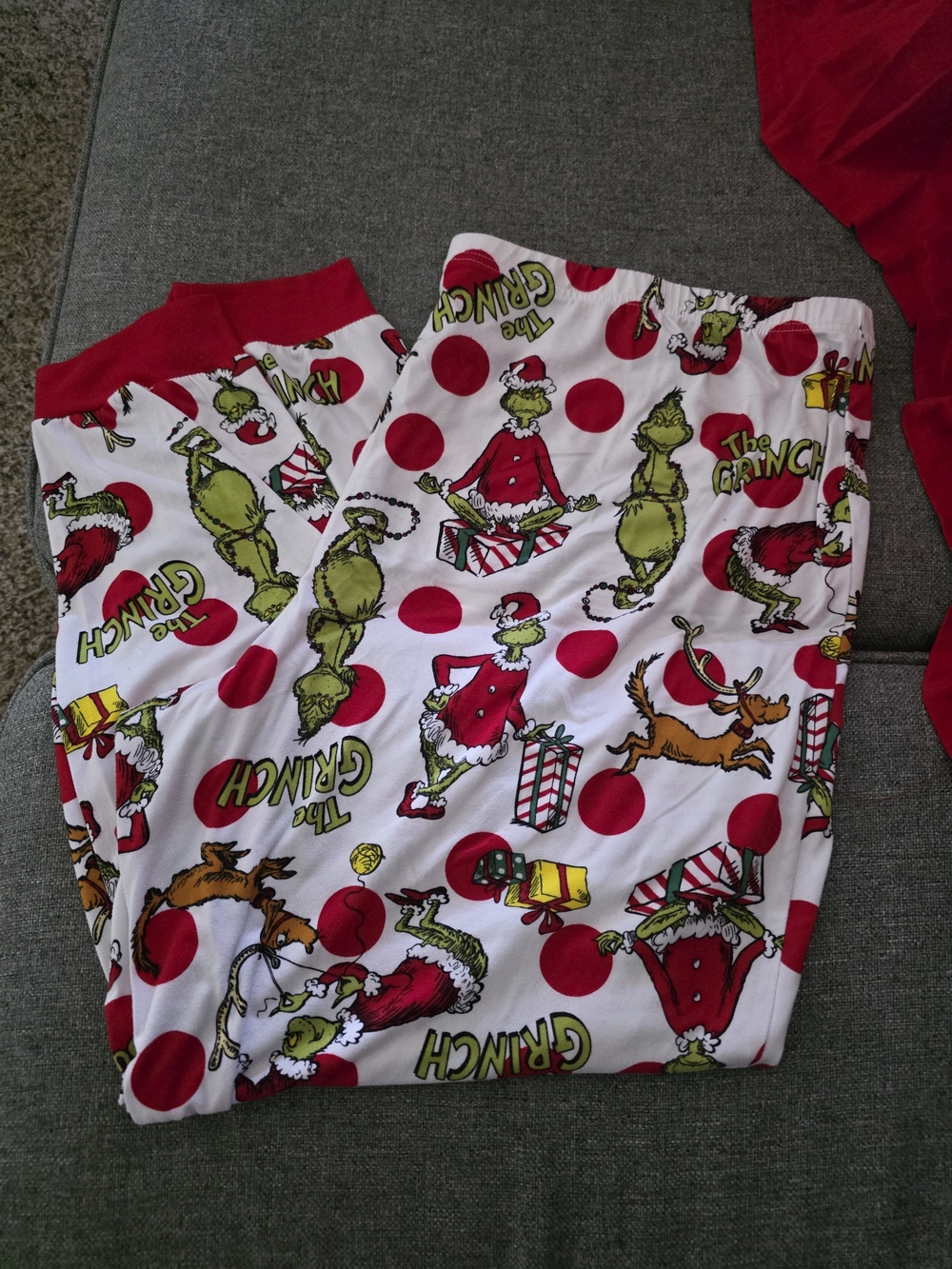 Women’s Grinch Print Holiday Pajama Pants - White with Red and Green